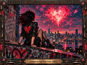 A punk-styled woman sits on a gritty rooftop overlooking a glowing nighttime city as an explosive crimson heart dominates the turbulent sky. Red, black, and amber tones create rebellious romantic tension. Graffiti, dripping paint, leather, fishnets, and an intricate guitar-inspired metal frame reinforce the raw rock aesthetic.