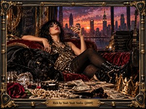 A glamorous woman lounges on deep red velvet beside a black panther, surrounded by scattered money, pearls, roses, and a golden crown. Rainy sunset light silhouettes a city skyline beyond the windows. Ornate guitar-inspired framing, warm gold accents, and decadent details create a rebellious, luxurious mood edged with emptiness.