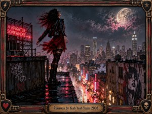 A lone woman stands on a rain-slick rooftop above a glowing city, her dark hair and red dress whipping in the wind. Neon reflections, drifting mist, storm clouds, and a luminous moon create restless nocturnal tension. A distressed metallic guitar-themed frame reinforces the gritty, cinematic rock atmosphere.
