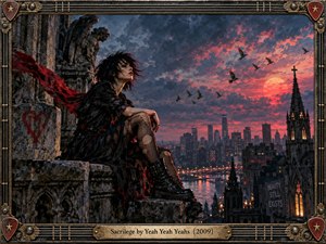 A punk-styled woman sits on a weathered Gothic cathedral ledge above a glowing city at stormy sunset. Her torn black clothing and crimson scarf whip in the wind beneath circling birds and a fiery red moon. Ornate stonework, dramatic clouds, warm windows, and an instrument-inspired metal frame create rebellious, cinematic tension.