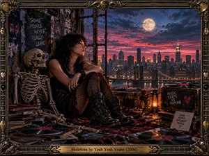 A dark-haired woman sits beside a weathered skeleton in a decaying rooftop room overlooking a moonlit city. Crimson clouds, glowing windows, scattered records, roses, and lantern light create a haunting, reflective mood. Ornate guitar-inspired metal framing and a brass title plate complete the cinematic, gothic photographic composition.