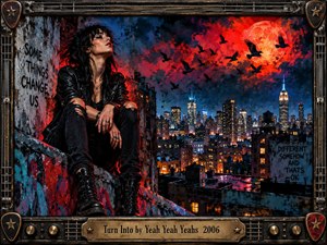 A brooding woman in black leather sits on a graffiti-covered rooftop overlooking a luminous nighttime city. Fiery red clouds and a glowing moon contrast with deep blue shadows as birds sweep across the sky. Expressive painterly textures, wet reflections, industrial framing, and urban details create a restless, transformative mood.