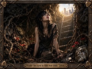 A dirt-streaked woman emerges from a shadowy underground chamber tangled with roots, flowers, clocks, and broken relics. Warm sunlight pours through an opening toward a distant city, creating dramatic contrast and cautious hope. Rich earth tones, crimson blossoms, cinematic realism, and an ornate guitar-inspired metal frame intensify the haunting atmosphere.