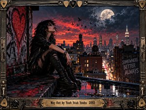 A solitary woman in black leather sits on a rain-soaked rooftop overlooking a glowing city skyline. Crimson clouds, a luminous moon, circling birds, and wet reflections create restless nocturnal tension. Gritty cinematic realism, graffiti, weathered brick, and an ornate guitar-inspired metal frame reinforce the rebellious indie-rock atmosphere.