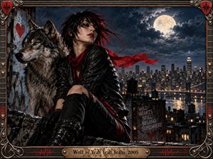 A fierce woman in black leather sits beside a watchful wolf above a glowing nighttime city. Moonlight, storm clouds, wet rooftops, and a vivid red scarf create restless tension. Detailed digital realism combines punk attitude with cinematic drama, enclosed by an ornate guitar-inspired metal frame and engraved title plate.