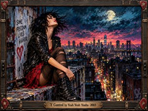A rebellious woman in a black leather jacket and torn red dress sits above a glowing city at night, framed by graffiti, moonlit clouds, and a fiery horizon. Rich blues, reds, and golds create restless punk energy, while textured painterly detail and a guitar-inspired metal frame reinforce the raw urban mood.