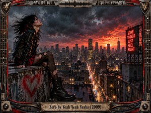 A windswept woman in black leather sits on a gritty rooftop overlooking a glowing city at sunset. Storm clouds, fiery orange light, wet streets, and neon signage create a rebellious, electric mood. An industrial guitar-themed metal frame, distressed textures, cables, stars, and engraved title plate complete the cinematic composition.