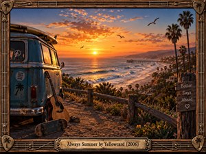 A weathered blue van overlooks a glowing Pacific coastline at sunset, surrounded by palms, surf, a guitar, and skateboard. Golden orange light washes across rolling waves and distant hills, creating a nostalgic, hopeful mood. Rustic musical framing, coastal details, and warm cinematic realism evoke endless summer memories.