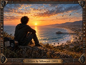 A solitary young man sits on a rocky coastal overlook beside a worn guitar case, watching a brilliant sunset illuminate the ocean, beach, pier, and distant town. Golden light contrasts with deep blue clouds, creating a reflective, hopeful mood. An ornate guitar-inspired frame reinforces the nostalgic musical atmosphere.