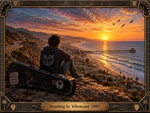A solitary figure sits above a sprawling coastal town at sunset, gazing across a glowing ocean and distant pier. Warm orange light floods dramatic clouds, rugged cliffs, palms, and rolling waves, creating a reflective, nostalgic mood. Detailed digital painting and a weathered guitar-themed frame reinforce the musical atmosphere.