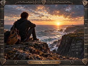 A lone figure sits on a rugged coastal cliff beside a guitar, watching a brilliant sunset illuminate turbulent ocean waves and distant headlands. Warm gold contrasts with stormy blue-gray clouds, creating a reflective yet determined mood. Detailed digital realism is enclosed by an ornate, guitar-inspired metal frame and engraved title plate.