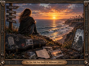 A solitary figure sits above a rugged coastline at sunset, surrounded by a weathered guitar case, scattered photographs, journal, signposts, and shattered mirror. Fiery orange light breaks through stormy clouds onto restless waves, creating a reflective, conflicted mood. The detailed cinematic painting is enclosed by an ornate musical frame.
