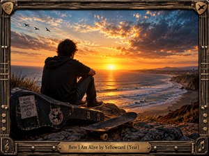 A solitary young man sits on a rocky coastal overlook beside a weathered guitar case and skateboard, watching a brilliant sunset spread across the ocean. Golden light, dramatic blue-gray clouds, distant shoreline, and soaring birds create a reflective yet hopeful mood, framed by rustic wood, guitar strings, brass hardware, and musical ornaments.
