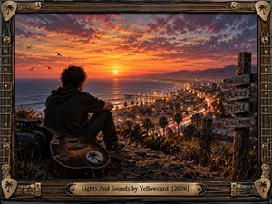A solitary young man sits beside a weathered guitar on a coastal overlook, watching a fiery sunset dissolve into a glowing seaside city. Orange, violet, and blue skies contrast with winding traffic lights below. Rustic signposts and an ornate guitar-inspired frame give the cinematic digital painting a reflective, nostalgic mood.