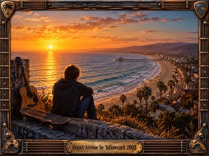 A solitary young man overlooks a sweeping coastal avenue at sunset, with a guitar and skateboard beside him. Golden light shimmers across rolling waves, palm-lined streets, and a distant pier, creating a nostalgic, reflective mood. The cinematic scene is enclosed by an ornate weathered wood and metal musical frame.