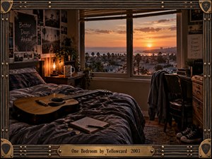 A warmly lit bedroom overlooks a coastal city at sunset, creating an intimate, reflective mood. An acoustic guitar rests across rumpled bedding beside a notebook, while posters, plants, lamps, and worn furnishings suggest youthful creativity. Amber light, deep shadows, and a guitar-string-inspired metal frame enhance the nostalgic cinematic realism.