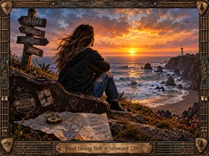 A windswept woman sits beside a weathered guitar case on a rugged seaside cliff, watching a fiery sunset over turbulent waves and a distant lighthouse. Warm gold and orange light contrasts with cool coastal shadows. Maps, a compass, wildflowers, signposts, and an ornate musical frame create a nostalgic, cinematic atmosphere.