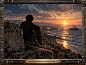 A solitary young man sits on a weathered coastal ledge beside a skateboard, gazing toward a glowing sunset, distant pier, and Ferris wheel. Dramatic clouds and golden reflections create a wistful, reflective mood. Cinematic realism, rugged textures, silhouetted birds, graffiti, and a guitar-inspired metal frame reinforce nostalgia and regret.