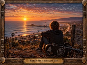 A solitary young musician overlooks a glowing coastal city at sunset, seated beside a weathered guitar case. Golden light spreads across the ocean beneath dramatic violet clouds, creating a reflective, bittersweet mood. Detailed cinematic realism, warm streetlights, distant mountains, and an ornate guitar-inspired frame reinforce themes of memory and music.