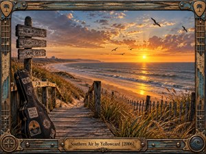 A richly detailed coastal sunset glows across rolling waves, sandy dunes, and a weathered boardwalk beneath dramatic clouds and soaring seabirds. Warm gold and amber light creates a nostalgic, hopeful mood. A battered guitar case, rustic signpost, grasses, and ornate instrument-inspired frame reinforce themes of travel, memory, and homecoming.
