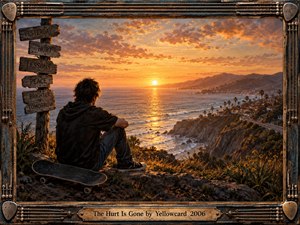 A solitary figure sits beside a skateboard on a coastal cliff, watching a brilliant sunset spread gold across the ocean. Warm orange clouds, rugged shoreline, palms, and a winding road create a reflective, hopeful mood. Weathered signposts and an ornate guitar-string frame reinforce themes of healing and moving forward.
