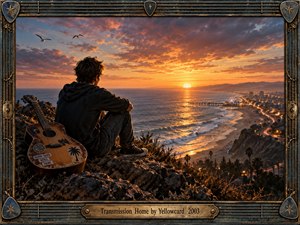A lone young man sits on a rocky coastal overlook beside a weathered guitar, watching a brilliant orange sunset illuminate the ocean, beach, pier, and distant city. Warm cinematic light, dramatic clouds, winding traffic, and an ornate stringed metal frame create a reflective, nostalgic atmosphere of distance and homecoming.