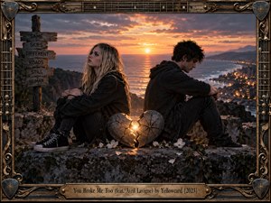 Two figures sit back-to-back on a weathered coastal overlook at sunset, divided by a cracked stone heart glowing with golden light. Dark clothing contrasts with orange skies, distant city lights, and scattered white flowers. An ornate guitar-inspired bronze frame and engraved title plate reinforce the melancholic, cinematic photographic style.