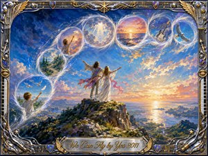 A radiant couple stands atop a flowered cliff, arms open toward a glowing ocean sunrise beneath a vast blue and gold sky. Feather-edged memory bubbles sweep overhead in an elegant S-curve, revealing birds, pathways, music, and childhood wonder. An ornate chrome-and-gold musical frame completes the uplifting, dreamlike gouache composition.