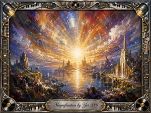 A radiant fantasy seascape unfolds beneath a blazing celestial sun, illuminating crystalline towers, rocky shores, calm water, and distant planets. Rich blues, golds, purples, and fiery oranges create an uplifting, expansive mood. Thick impressionistic brushwork contrasts with an ornate chrome-and-gold musical frame of piano keys, strings, records, and notes.