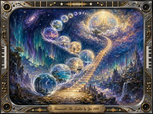 A radiant golden ladder rises through a vast cosmic dreamscape toward a glowing celestial city, while feathered memory bubbles curve upward in a graceful S-shape. Deep blues, violets, teals, and gold illuminate waterfalls, distant towers, stars, and clouds. An ornate chrome-and-gold musical frame completes the mystical, triumphant fantasy painting.