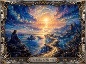 A solitary figure overlooks a luminous ocean landscape where a winding golden path rises toward a radiant celestial horizon. Deep blues, violet clouds, and warm amber light create a mystical, hopeful mood. Painterly textures, rugged cliffs, waterfalls, stars, and an ornate chrome-and-gold musical frame enhance the visionary composition.