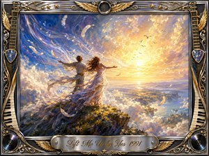 A radiant couple stands atop a windswept cliff, arms open toward a glowing golden horizon as feathers and musical light trails sweep through blue-violet clouds. The uplifting oil-and-watercolor style blends romance, freedom, and transcendence, framed by ornate chrome, gold filigree, piano keys, guitar strings, wings, and a polished title plate.