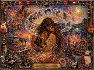 A romantic couple embraces at the center of a richly layered psychedelic rock dreamscape, surrounded by glowing memory bubbles, musicians, concert crowds, instruments, roses, records, and vintage memorabilia. Warm gold, crimson, violet, and sunset tones create passionate energy, while painterly textures, luminous highlights, and an ornate music-themed frame enhance the nostalgic fantasy atmosphere.