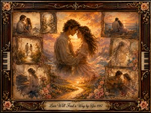 A romantic couple embraces beneath a glowing golden sunset, surrounded by faded memory scenes of shared walks, music, and quiet affection. Warm roses, flowing fabric, and a winding river of light deepen the nostalgic mood. Rich oil, acrylic, and watercolor textures blend within an ornate rosewood, gold, piano-key, and musical-string frame.