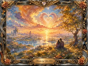 A romantic couple sits beneath a glowing tree, overlooking a dreamlike golden archipelago at sunset as luminous clouds form a heart above the horizon. Warm gold, amber, blue, and violet tones create a tender, transcendent mood. Painterly textures, radiant reflections, flowers, roses, musical motifs, and an ornate metallic frame enrich the nostalgic composition.