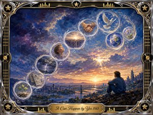 A contemplative figure overlooks a glowing city at sunset as feather-edged bubbles sweep across the sky in an elegant S-curve, holding symbolic scenes of hope, uncertainty, unity, and change. Deep blues, violets, golds, and coral light create a dreamlike gouache atmosphere, framed by ornate chrome, gold, and musical details.
