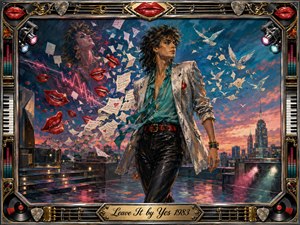 A stylish figure strides across a rain-slicked rooftop at sunset, surrounded by swirling letters, red lips, white birds, and pulsing sound waves. Deep blues, coral skies, and metallic highlights create an energetic, dreamlike mood. A richly detailed musical frame of strings, records, lights, and chrome completes the expressive painted composition.