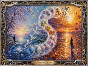 A luminous surreal landscape traces change through feathered bubbles sweeping in an S-curve from cool spring blues to fiery autumn golds. Blossoms, birds, butterflies, drifting leaves, and distant figures evoke transformation and reflection. Rich acrylic-like textures, radiant sunset light, and an ornate chrome-and-gold musical frame create a dreamlike progressive-rock atmosphere.