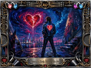 A solitary figure faces a glowing futuristic city beneath a turbulent midnight sky, where a fractured crimson heart burns like a beacon. Rich blues, magentas, and electric reds create a dramatic, introspective mood. Thick expressive paint textures, neon reflections, ruined architecture, and an ornate chrome-and-gold musical frame intensify the emotional isolation.