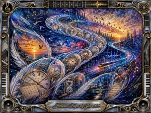 A surreal river of time sweeps through a luminous futuristic landscape, with feathered glass bubbles carrying clocks, an hourglass, music, and memories along a dramatic S-curve. Electric blues, violet, silver, and gold glow beneath fiery sunsets. An ornate chrome musical frame and engraved title plate complete the richly detailed progressive-rock fantasy.