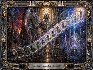 A towering mechanical messiah rises above a vast industrial-futurist city, surrounded by glowing spheres tracing an ascending S-curve through space. Deep blues, violet shadows, molten gold, and fiery orange light create a dramatic, mystical atmosphere. Intricate machinery, speakers, instruments, and ornate metallic framing blend progressive-rock grandeur with surreal science-fiction painting.