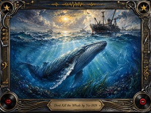 A majestic whale rises through luminous blue-green water beneath a stormy, sunlit sea, while distant industrial ships create a quiet sense of danger. Rich oil-painted textures, glowing rays, coral, fish, and an ethereal ocean spirit deepen the scene. An ornate chrome-and-gold musical frame adds dramatic progressive-rock symbolism.