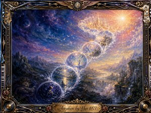 A luminous cosmic landscape unfolds beneath a star-filled indigo sky, where feathered crystal bubbles rise in an elegant S-curve toward a radiant golden celestial city. Dreamlike figures, mountains, waterfalls, and glowing horizons suggest spiritual awakening. Rich blues, violet shadows, warm gold light, and ornate musical framing create a majestic, visionary oil-painted atmosphere.