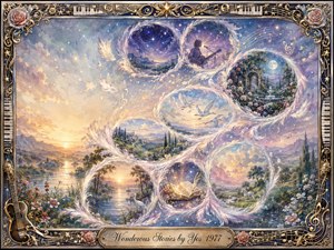 A luminous fantasy landscape unfolds through feather-edged bubbles flowing in an elegant S-curve, revealing rivers, gardens, stars, birds, a musician, and a glowing book. Soft blues, lavender, gold, rose, and emerald create a serene, dreamlike mood. Watercolor-gouache textures, radiant light, musical symbols, and an ornate gilded frame enrich the composition.