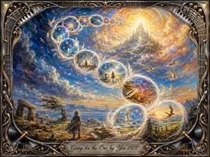 A solitary traveler crosses a rugged dreamscape beneath swirling blue and golden skies, following a luminous S-curve of feathered bubbles toward a radiant celestial tower. Rich oil-painted textures, glowing clouds, birds, musical instruments, and cosmic symbols create an adventurous, transcendent mood, framed by ornate chrome, gold, records, strings, and keyboards.