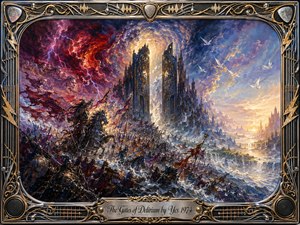 An epic oil-painted battlefield surges toward towering mystical gates, where violent crimson, violet, and steel-blue storms gradually open into a radiant golden dawn. Armored riders, torn banners, lightning, mist, and white birds create a dramatic transition from chaos to peace, framed by ornate chrome, gold inlay, guitar strings, and musical details.