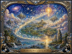 A luminous cosmic landscape unfolds across floating temple islands, waterfalls, ocean cliffs, and star-filled heavens. Glowing symbolic bubbles sweep upward in an elegant S-curve toward a radiant celestial mandala. Rich blues, golds, and warm sunset tones create a mystical, contemplative mood, framed by ornate chrome, instruments, records, and gilded musical details.