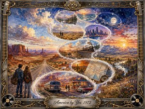 A dreamlike American road journey unfolds beneath vast glowing skies, with two young travelers facing a desert highway as feathered bubbles curve upward through scenes of trains, cities, diners, mountains, moonlight, and ocean horizons. Warm gold, rust, blue, and violet watercolor tones blend with ornate chrome-and-gold musical framing.