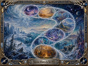 A vast frozen cosmic landscape unfolds beneath swirling blue-white skies, where luminous memory bubbles curve in an elegant S-shape through icy cliffs and distant worlds. Warm amber scenes contrast with deep indigo space, creating a mysterious, adventurous mood. Intricate painterly textures, crystalline light, musical motifs, and an ornate metallic frame complete the surreal composition.