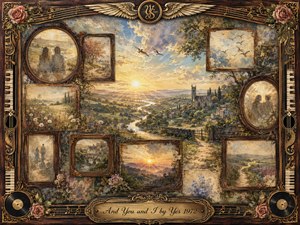 A luminous pastoral landscape unfolds beneath a radiant golden sunrise, surrounded by faded romantic memories in ornate vintage frames. Rolling hills, a winding river, wildflowers, birds, and a distant stone church create a serene, spiritual mood. Warm golds, soft blues, greens, and roses blend through richly textured oil, acrylic, and watercolor effects.